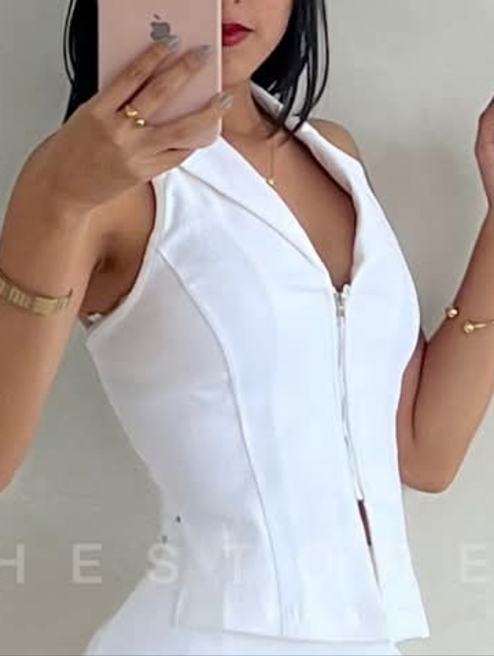 Zip Front Halter Blouse- White - Picture 2 of 2